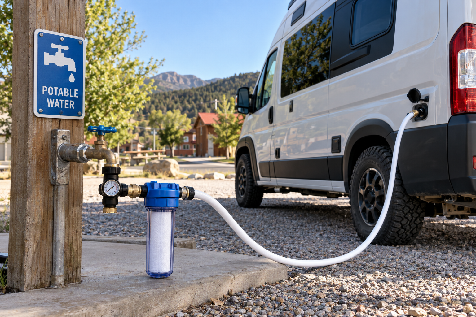 Camper van filling its tank through a filter at potable water station