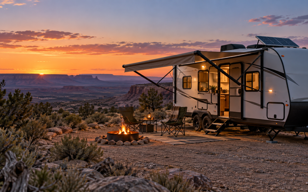 Travel trailer boondocking at dusk with rooftop solar and awning extended