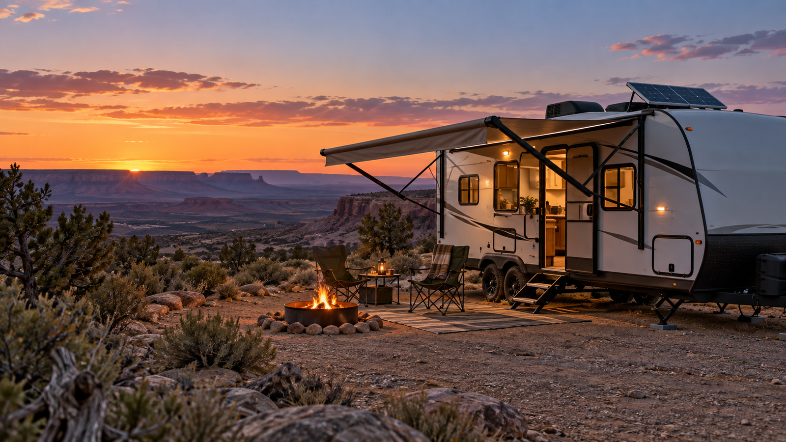 Travel trailer boondocking at dusk with rooftop solar and awning extended