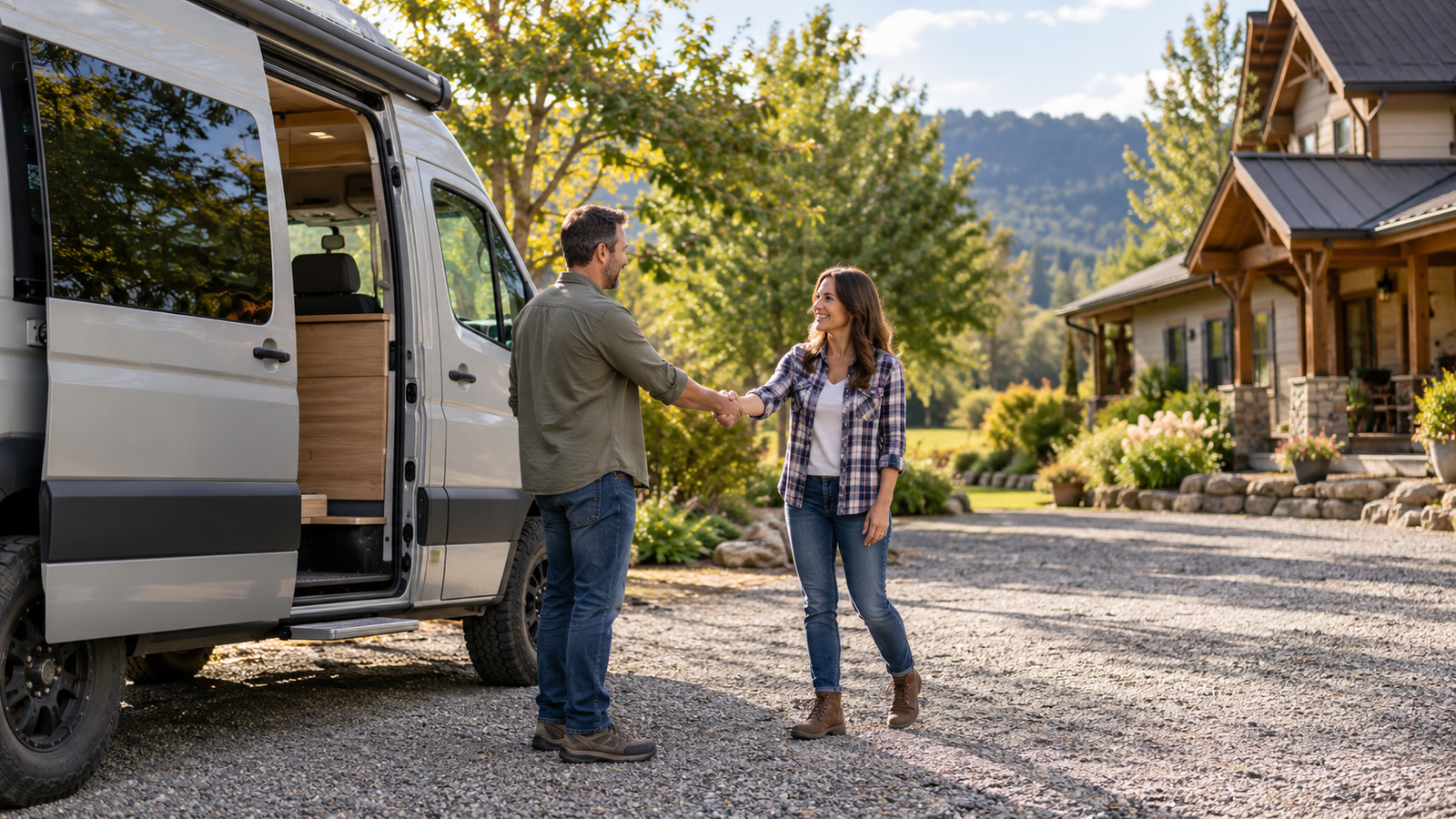 A traveler and host greet each other beside a campervan on a rural driveway.