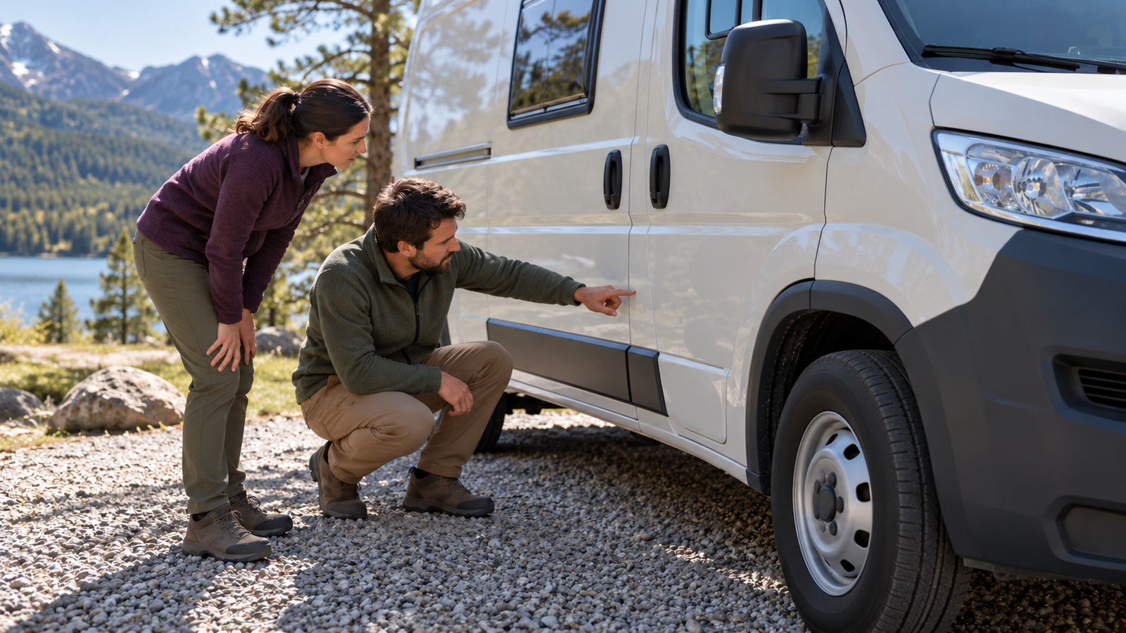 Two travelers inspect the exterior of a campervan before a trip.