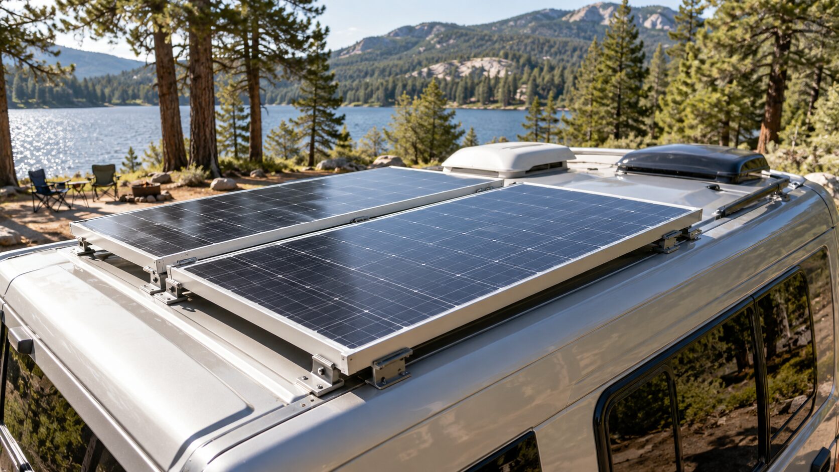 Solar panels mounted on a campervan roof at a wooded campsite.