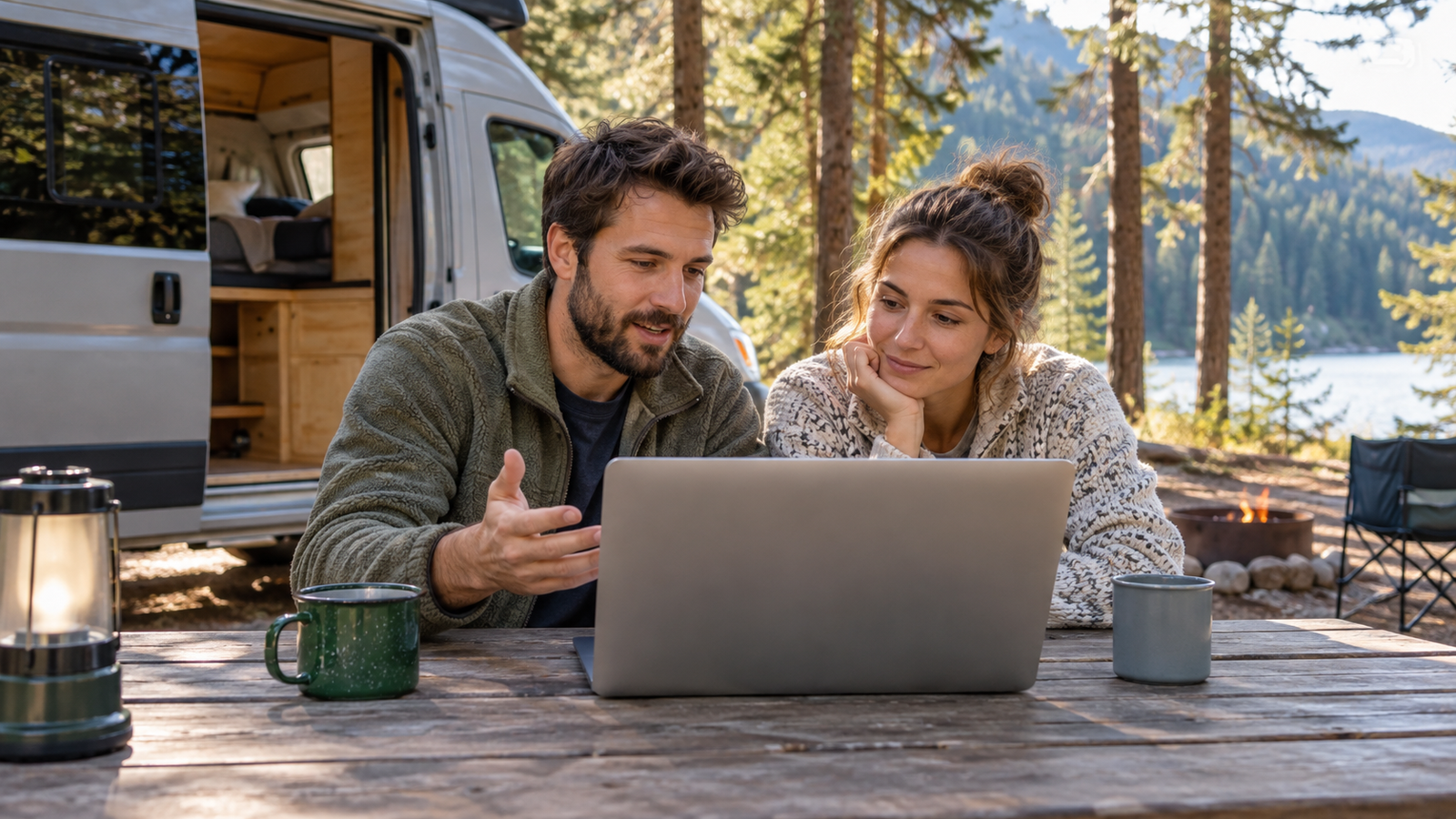 Two travelers discuss trip options over a laptop at a campsite table.