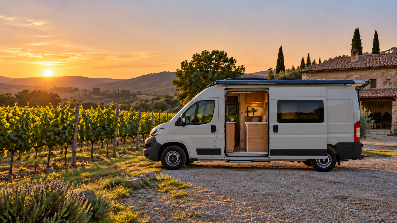 A campervan parked beside grapevines at sunset.