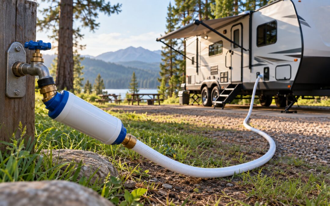 RV campsite water hookup with an inline filter at the spigot