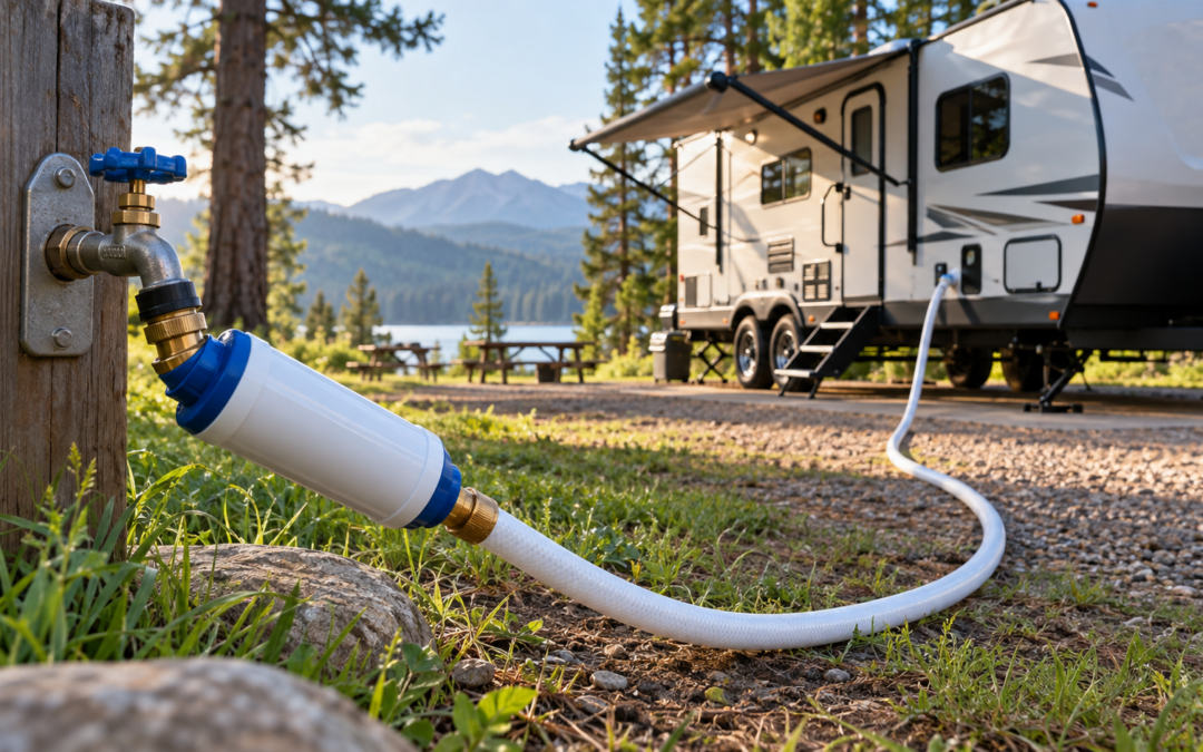 RV campsite water hookup with an inline filter at the spigot