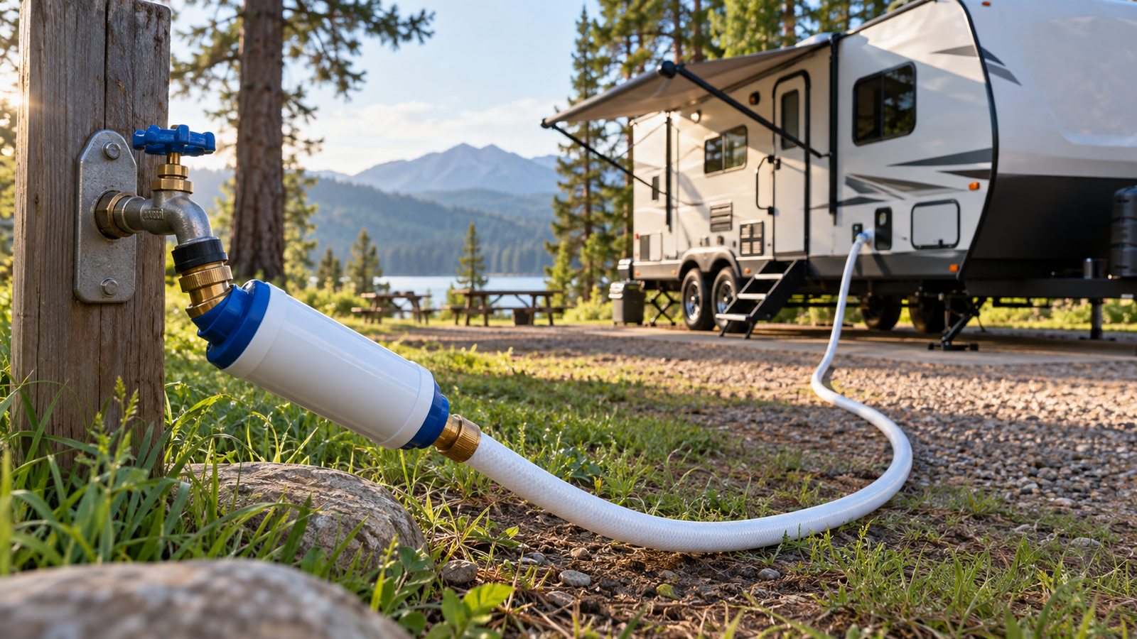 RV campsite water hookup with an inline filter at the spigot