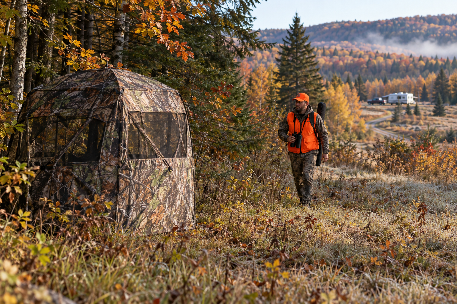See-through pop-up ground blind at a forest edge within walking distance of an RV basecamp
