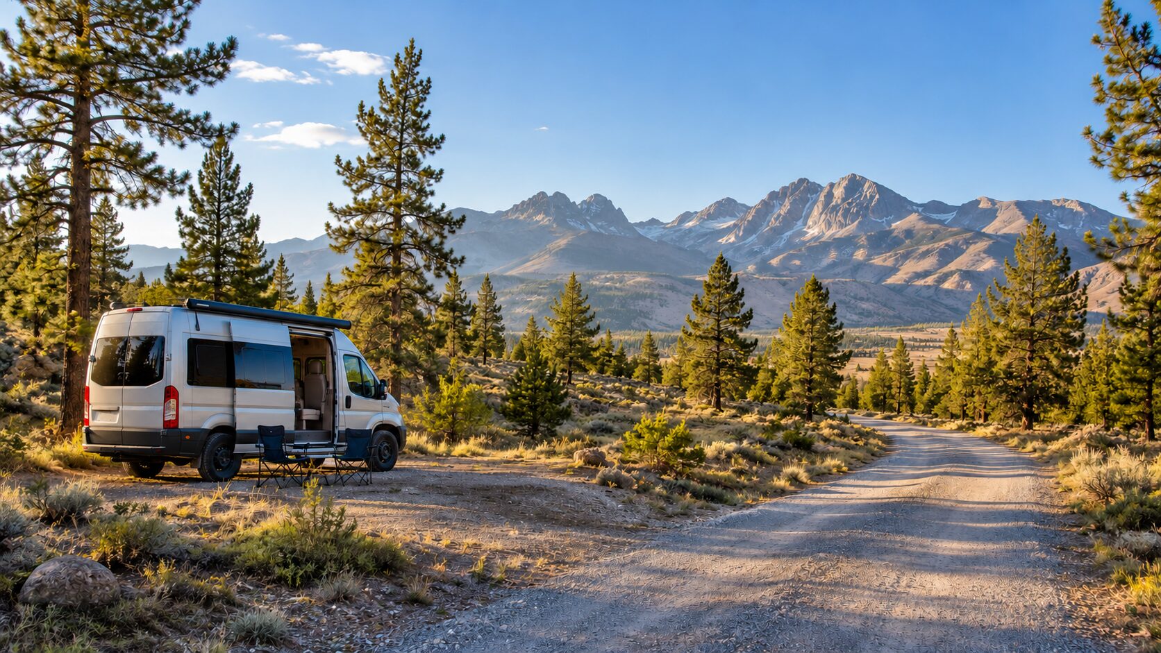 A campervan beside a gravel forest road with mountains in the distance.
