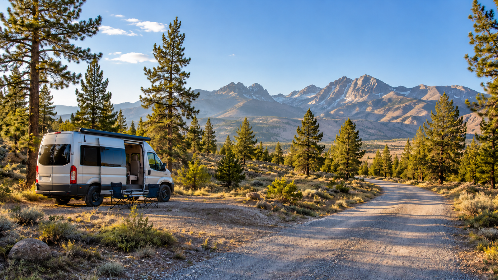 A campervan beside a gravel forest road with mountains in the distance.