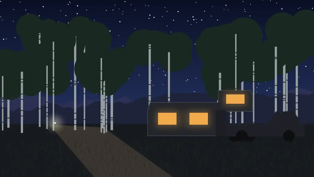 Fifth-wheel trailer in an aspen campsite at night, a single light far down the road