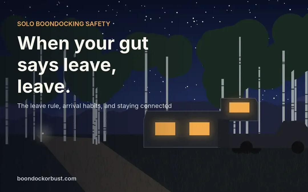 Fifth-wheel trailer in a night aspen campsite under the headline: when your gut says leave